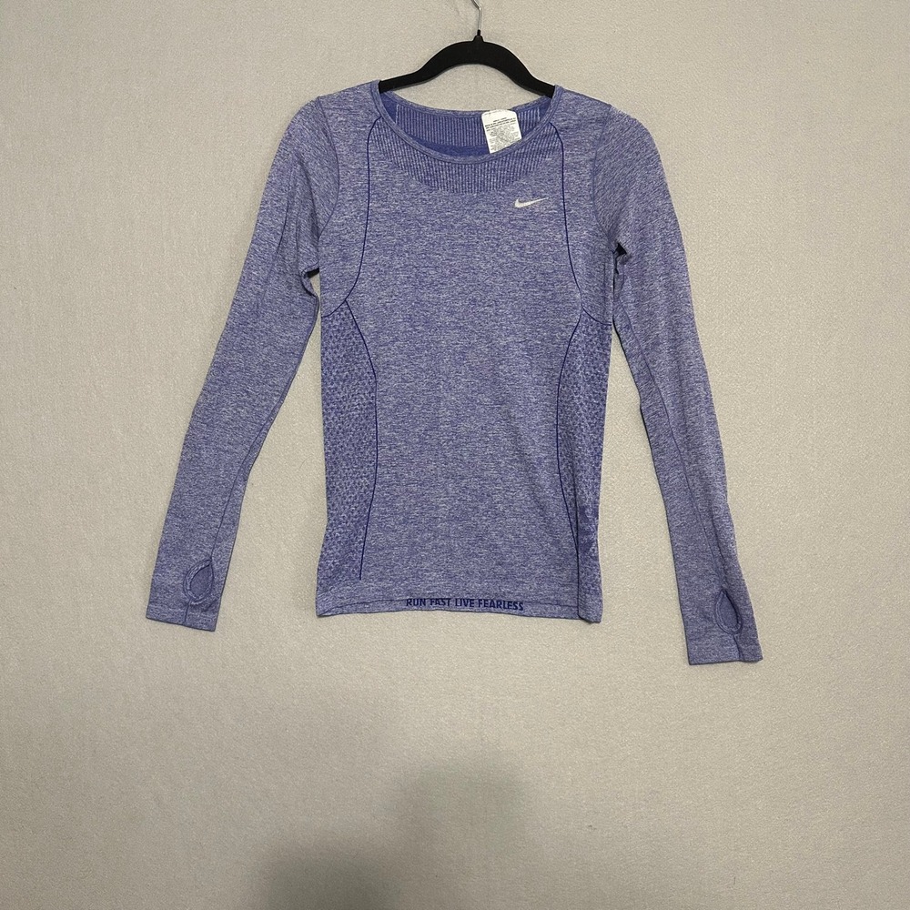 Nike Dri-FIT Running Shirt Womens Small Purple Long Sleeve Thumbhole Knit Top